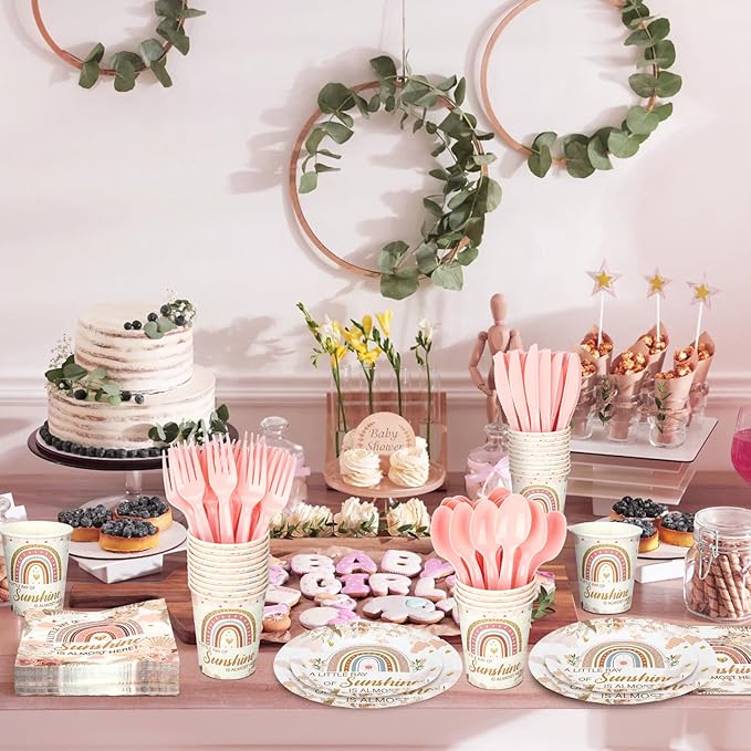 Dandat 350 Pcs Baby Shower Party Supplies Serves 50 Tableware Sets Include Plates Napkin Cup Forks Knives Spoons Disposable Dinnerware (Boho Style,Pink)