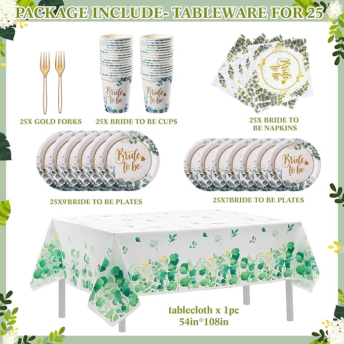 265 Pcs Sage Green Bridal Shower Decorations Eucalyptus Bachelorette Party Decoration Bride to Be Disposable Dinnerware Set with Tablecloth Veil Tablecloth Photo Booth Props, Serve 25 Guest