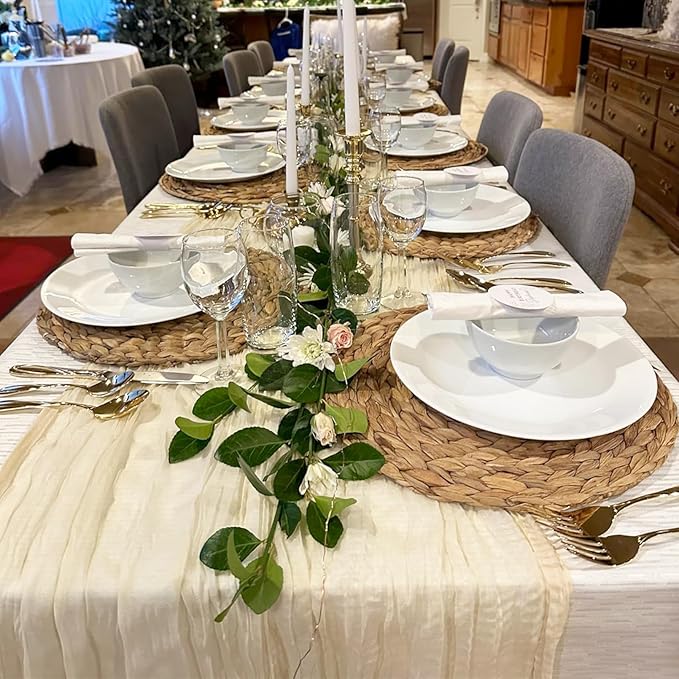 12 Pack Beige Cheesecloth Table Runners 35 x 120 Inch Rustic Boho Gauze Christmas Table Runner for Wedding Arch, Party Decoration, Bridal Shower, Reception, Farmhouse Dining Decor