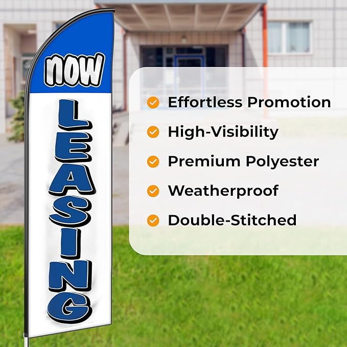 OnPoint Wares Now Leasing King Feather Flag Kit - 3 Pack, 2.5 ft x 12 ft, Blue & White, Leasing Promotion, Outdoor Advertising, Property Promotion