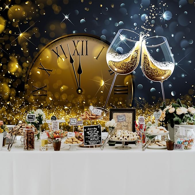 Baocicco 15x10ft Happy New Year Backdrop Countdown Party Shining Champagne Wine Glasses Bokeh Halos Backdrop Vinyl Photography Background New Year Eve Christmas Eve Party Winter Holiday Festival