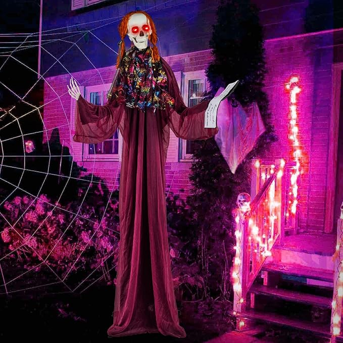 BECOMFORT 6 FT Halloween Animatronics, Sound-Activated Skeleton Girl with Book, Glowing Eyes, Howling Sounds, Moving Head & Posable Arms, Animated Halloween Props Decoration for Indoor & Outdoor