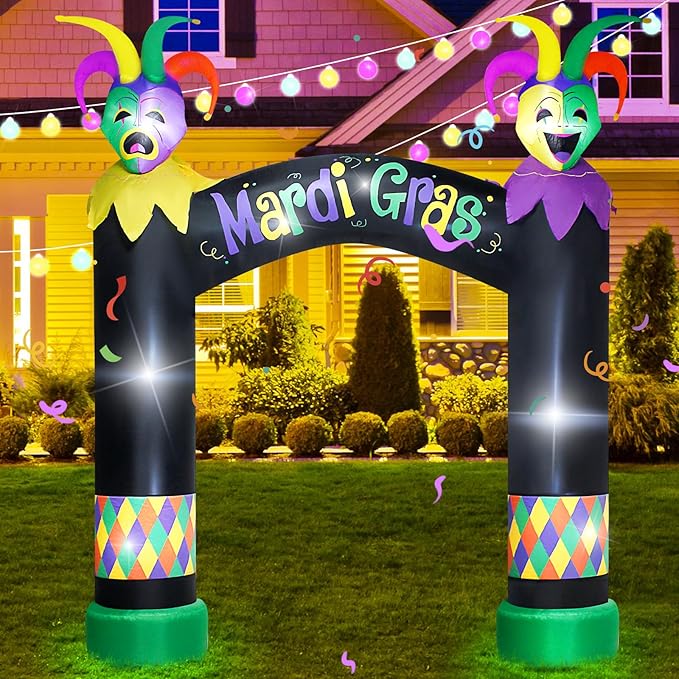 10FT Mardi Gras Inflatable Arch with LED Lights - Halloween Blow Up Outdoor Decoration, Jester Mask Archway for Party/Yard/Garden/Lawn, Built-in Sandbags & Easy Set up