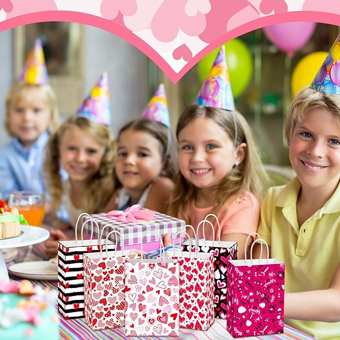 Chivertion 150 Pcs Valentine's Day Gift Bags with Handle Bulk Galentines Heart Paper Goodie Treat Bags for Valentines Galentines Day Party Favors Gift Wrapping Supplies 6 Style, 8 x 6 x 3 Inches