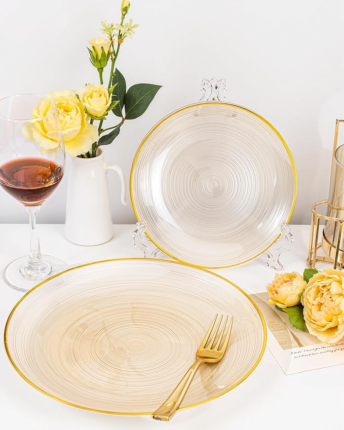 Morejoy 350PCS Clear Brown Plastic Plates - Disposable Gold Party Plates & Pre Rolled Napkins with Cutlery for 50 Guests, 100Plates, 150Silverware, 50Cups, 50Napkin for Party & Christmas