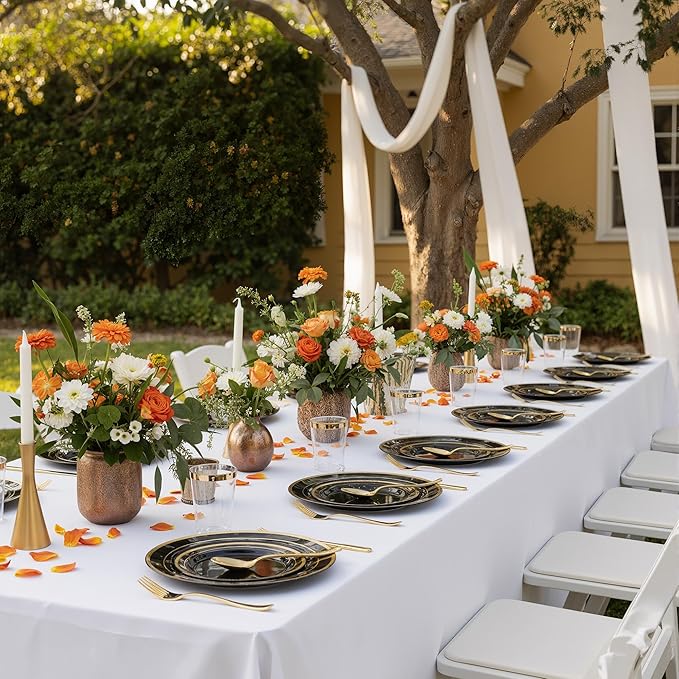 350 Pieces Black & Gold Disposable Plates for 50 Guests, Disposable Plastic Plates, Dinnerware Set of 50 Dinner Plates, 50 Salad Plates,50 Cups and 50 Paper Napkins, for Party, Wedding