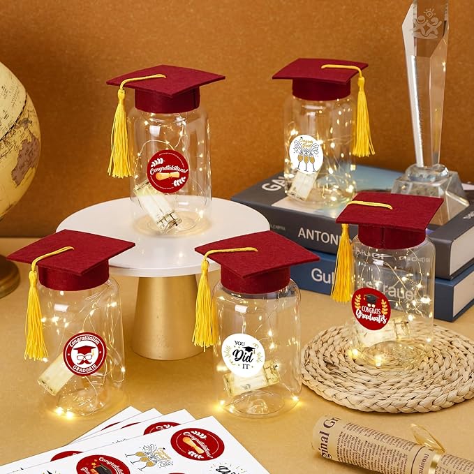 Boao 16 Sets Graduation Table Decoration Set with LED Light up Graduation Decorations for Class of 2026, Grad Jar, Felt Grad Hat and Stickers for High School College(Dark Red)