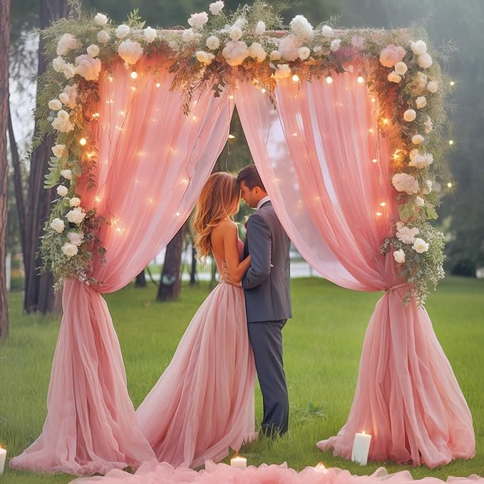 20x10ft Dusty Rose Tulle Backdrop Curtain with Lights String for Parites, Sheer Photo Backdrop Curtains with Lights for Wedding Backdrop Ceremony Reception Bridal Shower Baby Shower Birthday Party