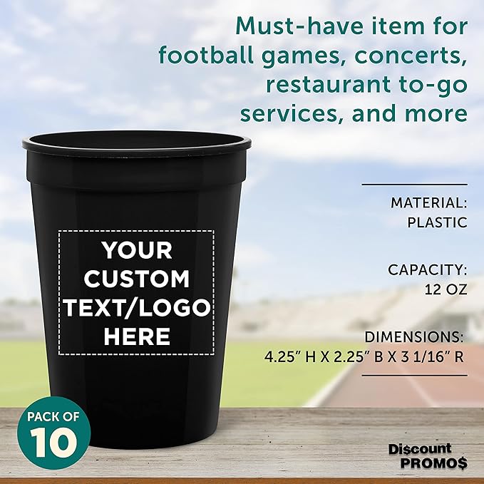 Custom Disposable Plastic Cups 12 oz. Set of 10, Personalized Bulk Pack - Perfect for Summer, Sporting Events, Birthdays, Weddings, Picnic, Beach, Parties - Black