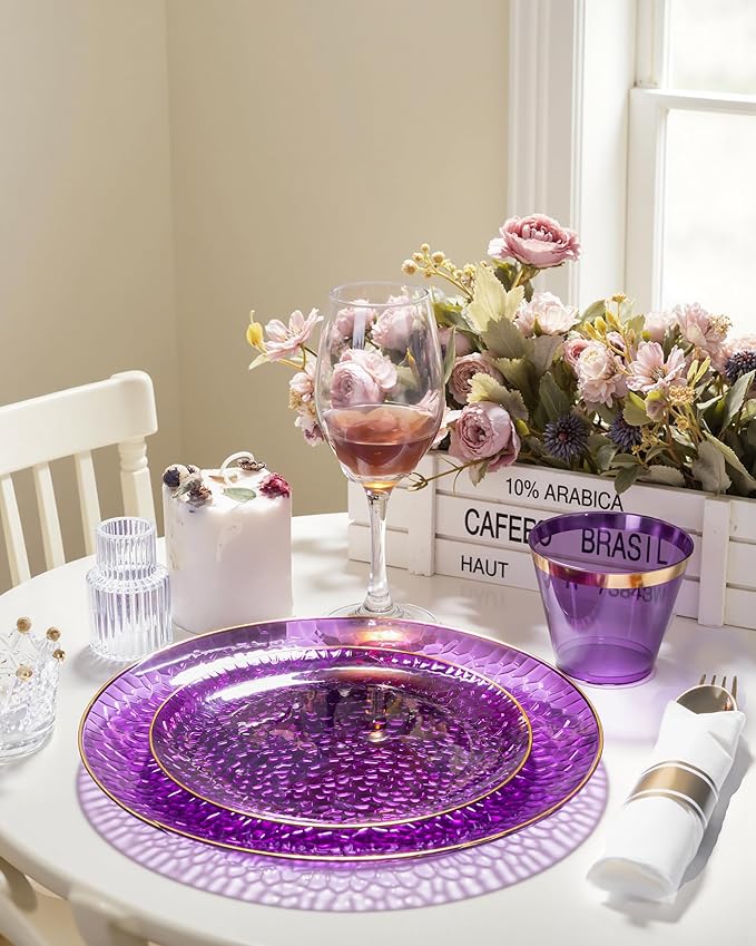 Hioasis 175pcs Purple Gold Plastic Plates - Purple Gold Dinnerware Set Includes 25 Dinner Plate, 25 Dessert Plate, 25 Cups, 25 Napkins Perfect for Wedding & Party
