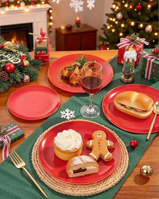 PULOTE 100PCS Red Plastic Plates Disposable Heavy Duty - Include 50 Dinner / 50 Dessert Plates for Party & Christmas