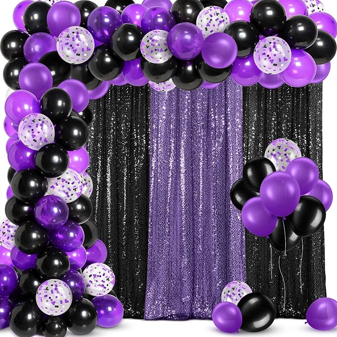 137 Pcs Purple Black Party Backdrop Kits - 4 Sequin Backdrop Curtain 133 Balloon Arch Garland Kit Photo Background for Birthday Christmas New Year Halloween Graduation Weeding Decor