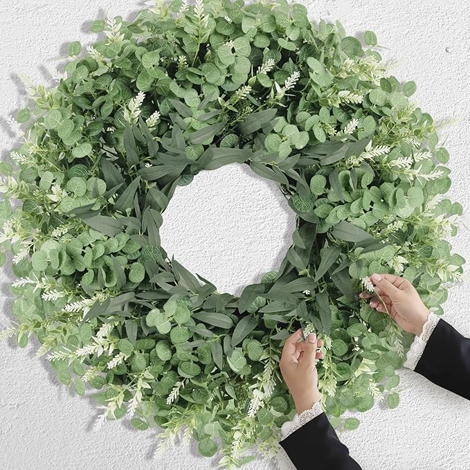 26 Inch Large Eucalyptus Wreath for Front Door, Porch, Window SpringWreaths Green Wreath Artificial Greenery Door Wreaths Decor for Outdoor Indoor Home Farmhouse Spring Summer Fall All Seasons