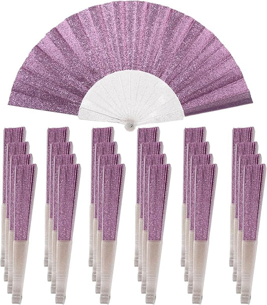 24 Pack Handheld Fan,Folding Hand Glitter Fan with Shining Transparent Fan Rib – Ideal for Wedding, Church, Festival, Dance, Tea Party, Club, and EDM Accessories, Purple