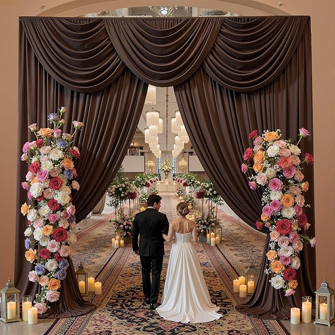30ft x 15ft Brown Wrinkle Free Backdrop Curtains for Parties,Silky Polyester Fabric Wedding Ceiling Drapes, 6 Panels 15ft Photo Back Drop Drapes for Baby Shower Photography Stage Background Cloth