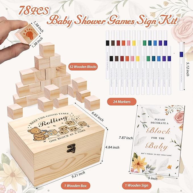 78 PCS Baby Shower Games Sign Kit for Boys Girls, Wooden Box and Sign, Blank Wooden Blocks for DIY Drawing, Markers, Baby Shower Game for Gender Reveal Activity, Baby Shower Ideas Decorations, Bear B