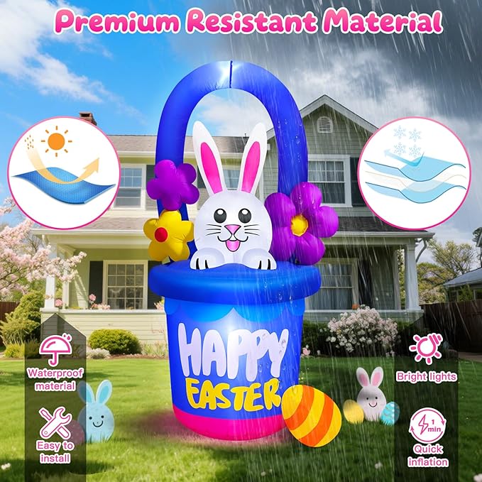 Danxilu 6 FT Easter Inflatables Outdoor Decorations, Cute Blow Up Easter Bunny in Flower Basket for Outside, Built in LED Lights Holiday Inflatable Yard Decoration for Spring Party Indoor Garden Lawn