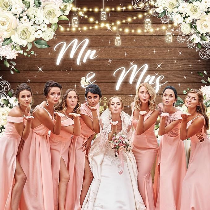 12x10ft Mr and Mrs Floral Backdrop for Bridal Shower White Flowers Photography Background Couple Wedding Party Decorations Bride Engagement Banner Props