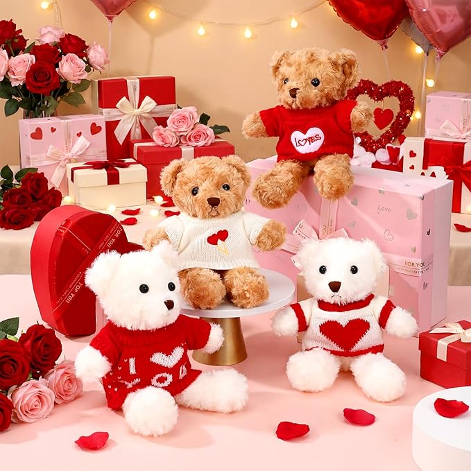Hungdao 8 Pcs Valentines Bears Bulk 9.84 Inch Valentines Stuffed Animals Bulk Small Cute Plush Bears with Heart Clothes Valentine Gifts for Girlfriend Mother's Day Wedding Birthday Party(Cute Style)