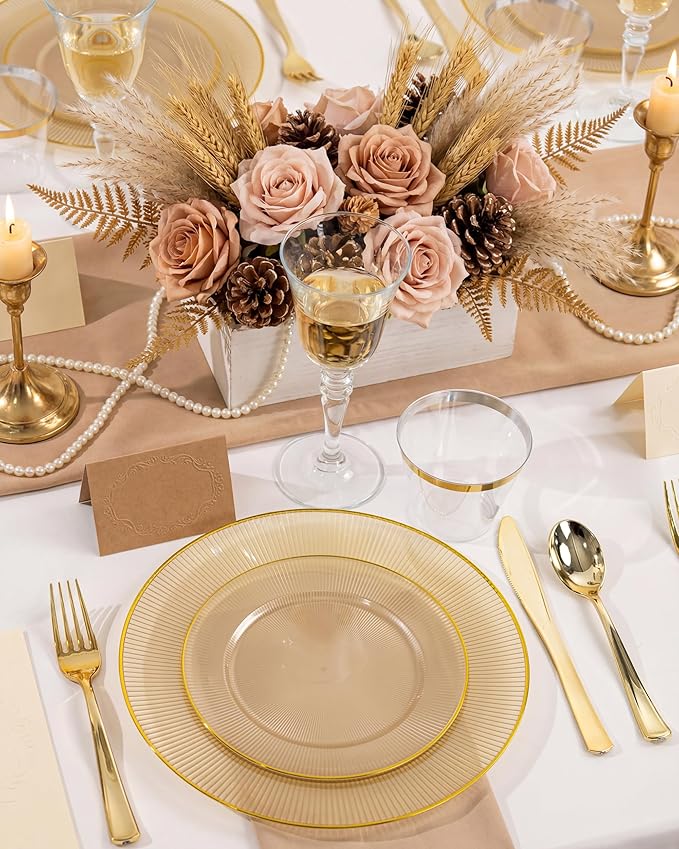 Hioasis 60pcs Brown and Gold Plastic Plates - Brown Disposable Dinnerware Set, 30pcs Dinner 10.25in & 30pcs Dessert 7.5in Plates with Striped Designs for Party & Wedding