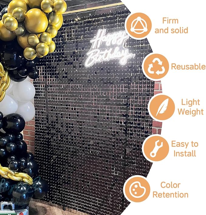 4FT x 6FT Black Shimmer Wall Backdrop,Shiny Sequins,24PCS Sequins Backdrop Decoration Panels, Glitter Bling Photo Background Decorations for Birthday Party Wedding Engagement Anniversary Graduation