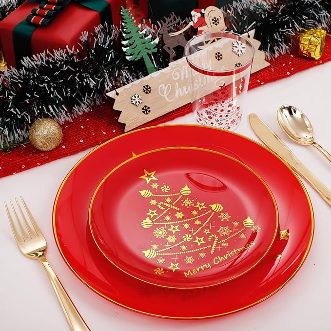 LIYH 150 Pcs Red Plastic Christmas Plates - Disposable Dinnerware Set, Christmas Plastic Plates, Red Silverware Set, Disposable Xmas Cups 10 OZ Holiday Tableware Dishes for Xmas Day 25 Guests