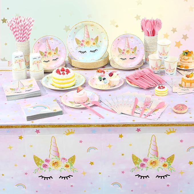 452 Pcs Unicorn Themed Birthday Party Decorations Include Unicorn Paper Plates Napkins Cups Tablecloth Cutlery Straws Rainbow Pastel Theme Party Supplies for Birthday Decorations