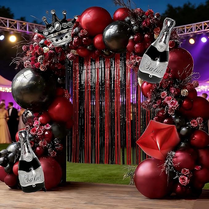 Red Black Party Balloon Kit 2pack Foil Fringe Curtains,Square Foil Wine Bottle Crown Balloons Doubled Burgundy Black Balloon Arch for Birthday Bachelorette Gothic Vampire Celebration Wine Party Decor