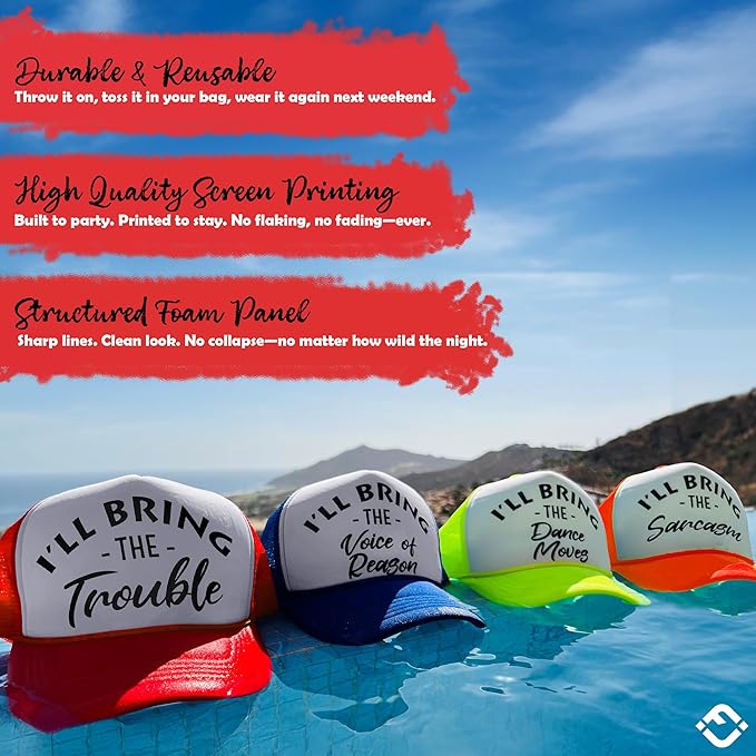 Funky Junque Women's Funny Trucker Hats: Adult Humor for Bachelorette & Girls Trips, Groups 3-25, Mesh Hat - I'll Bring The's