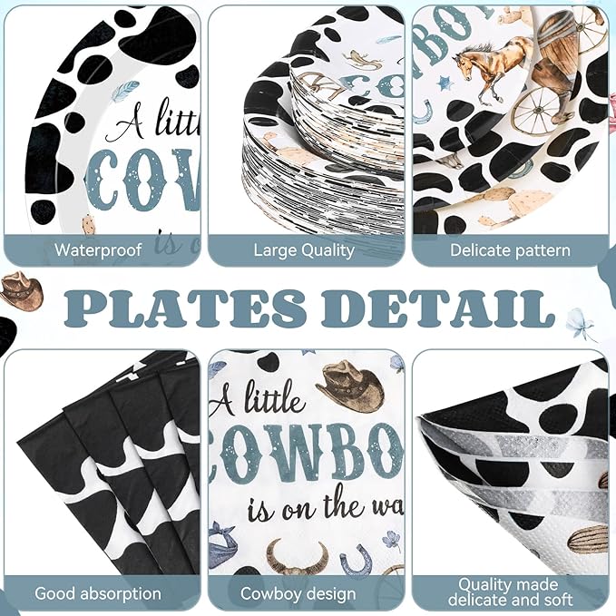 452 Pcs Cowboy Baby Shower Party Decorations Include a Little Cowboy Is on the Way Paper Plates Napkins Cups Tablecloth Cutlery Straws for girl Girl Baby Shower Party Supplies