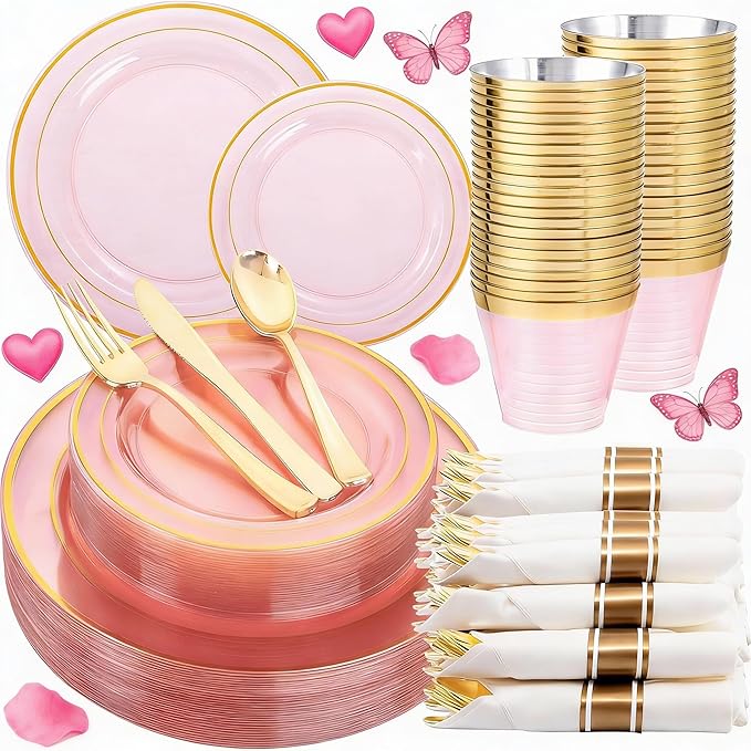 WELLIFE 350Pcs Clear-Pink Plastic Dinnerware- Pink and Gold Plastic Dinnerware include 50 Dinner Plates, 50 Dessert Plates, 150 Gold Silverware, 50 Cups and 50 Napkins Perfect for Parties