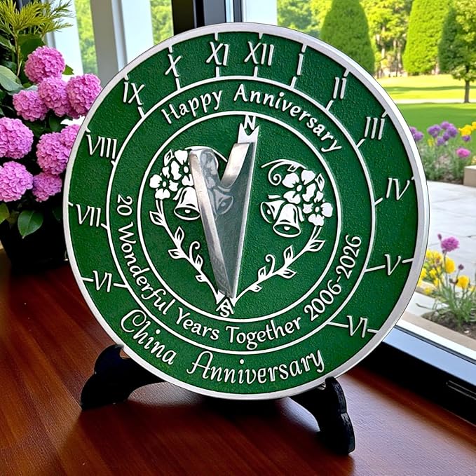Anniversary Sundial Gift for 20th China Wedding Anniversary in 2026 - Recycled Metal Home Decor Or Garden Present Idea - Handmade in UK for Him, Her Parents Or Couples 20 Year Celebration