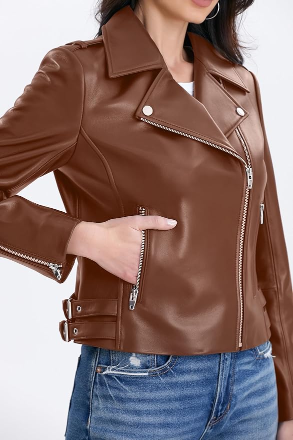 SILVER FASHIONS Lambskin Leather Jacket Women,Motorcycle Jacket,Asymmetrical Zip Style,Buckle Belts,Quilted Details