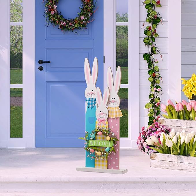 Glitzhome 30" H Easter Wooden Bunny Family Standing Porch Sign, Easter Welcome Sign Decorations for Home or Yard