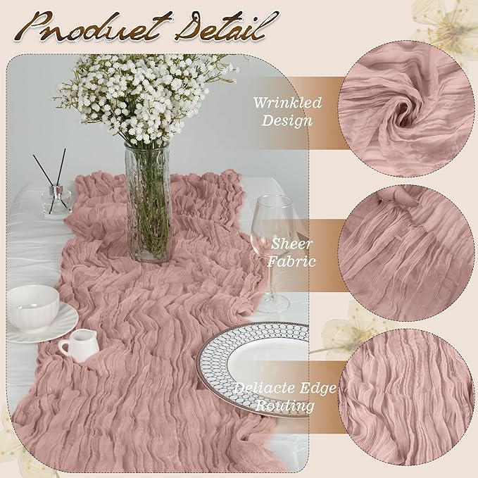 16 Pack 10Ft Cheesecloth Table Runners – Boho Gauze Vintage Table Decor, 120 Inch Long Rustic Cheese Cloth Runner for Wedding, Bridal Shower, Birthday, Romantic Party (Pink, 24" x 120"-16Packs)