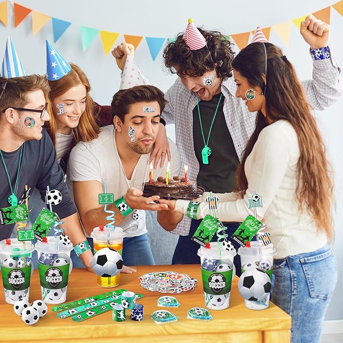 Party Favors Set with Cup Straw Cup Sleeve Bouncy Ball Mini Pinball Machine Keychain Sticker Clap Bracelet Tag for Sport Reward Birthday Gift Party Supplies(195 Pcs,Soccer)
