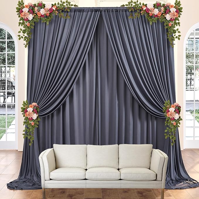 30ft×10ft Wrinkle Free Grey Backdrop Curtains for Parties, 6 Panels 5×10ft Soft Silky Polyester Charcoal Photo Backdrop Drapes for Birthday Baptims Baby Shower Wedding Photography Backgrounds