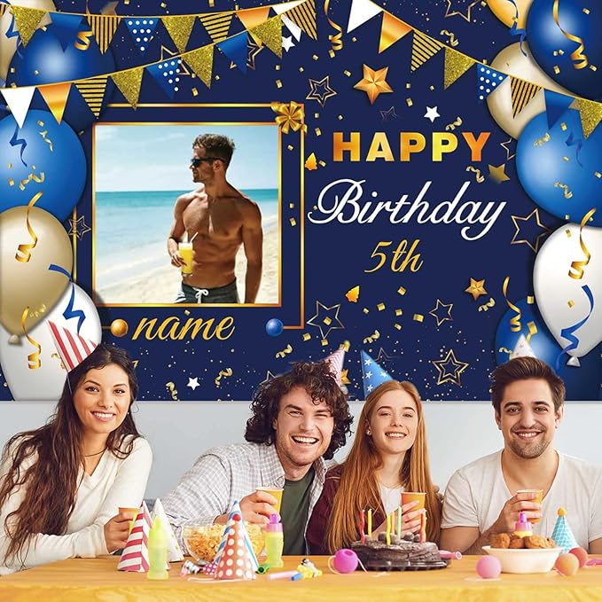 Custom Navy Blue and Gold Happy Birthday Sign Birthday Party Decorations Supplies Personalized Navy Blue Backdrop Banner (5x7.5ft)
