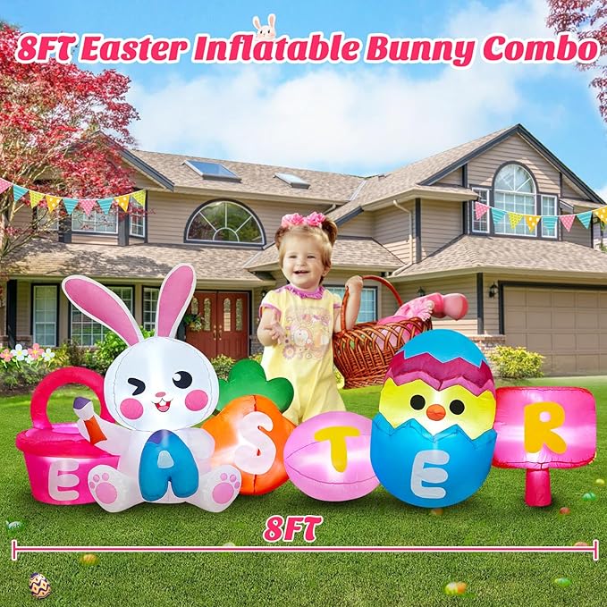 MICOCAH 8 FT Long Easter Inflatables Outdoor Decorations, Inflatable Painting Bunny with Colorful Eggs/Chick/Carrot Build-in LEDs Lights Blow Up Yard Decoration for Decor Holiday Party Lawn, Garden