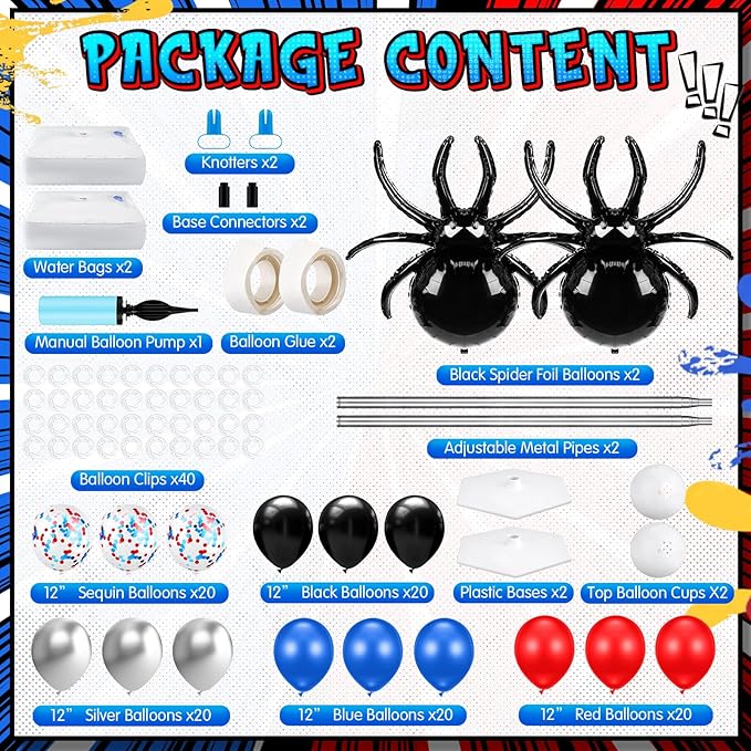 Kasyat 2 Sets Spider Party Balloon Column Stand Kit with 2 Spider and 100 Red Blue Black Latex Balloons, Adjustable Arch Stands for Birthday Baby Shower Hero Theme Party Decorations