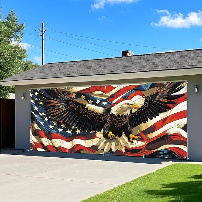 Eagle American Flag Garage Door Banner 7x16FT, Patriotic Bald Eagle & American Flag Design, Outdoor Decoration for Independence Day and National Holidays