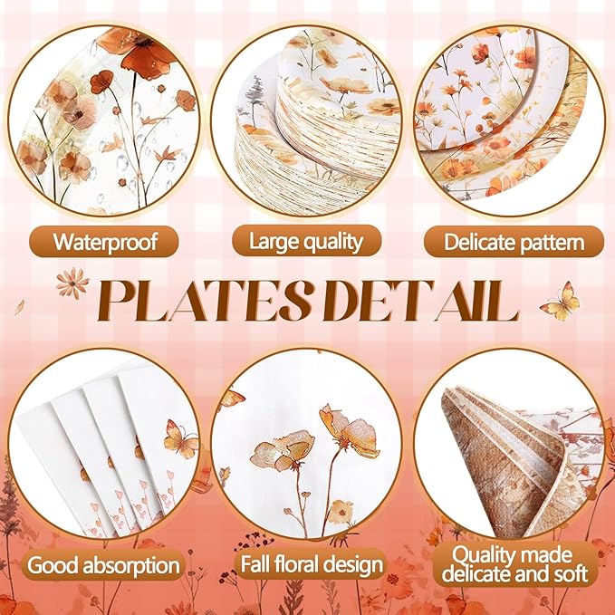 400 Pcs Fall Wild Floral Disposable Paper Plates Napkins Cups Serve 50 Floral Tableware Set for Autumn Thanksgiving Harvest Wedding Tea Party Decoration Bridal Shower Baby Shower