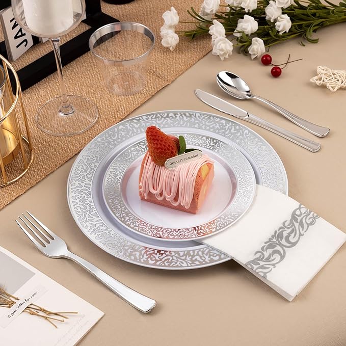 350PCS Silver Plastic Dinnerware Set for 50 Guests, Disposable Plates for Party, Wedding, Include 50 Dinner Plates, 50 Dessert Plates, 50 Set Silver Silverware, 50 Cups, 50 Napkins