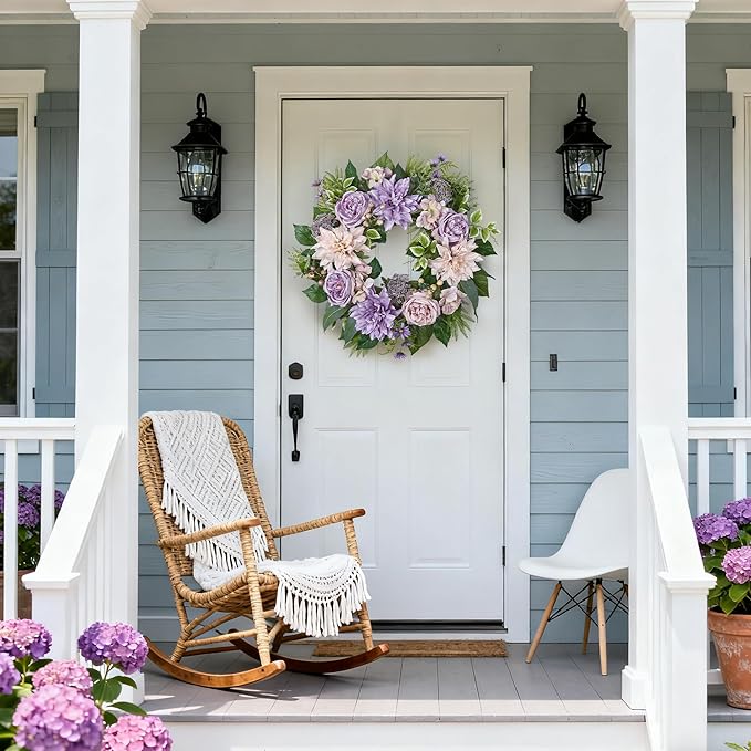 24 Inch Spring Wreath for Front Door with Roses Dahlias Silk Flowers with Berry Greenery for All Seasons Indoor Outdoor Porch Wedding Wall Farmhouse Porch Wall Living Room Home Widding Decor