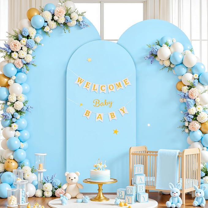 Baby Blue Arch Cover 3 Set - 6FT, 6.6FT, 7.2FT Light Blue Arch Backdrop Cover Spandex Wedding Arch Stand Covers for Baby Shower Boy Birthday Party Wedding Banquet Photo Background Decorations