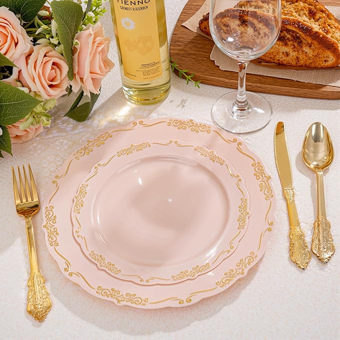 DaYammi 150Pcs Pink Plastic Plates with Gold Rimmed & Gold Silverware,Pink Disposable Plates for Party Include 30 Dinner Plate,30 Dessert Plate,30 Knives,30 Forks,30 Spoons for Valentine's Day Party