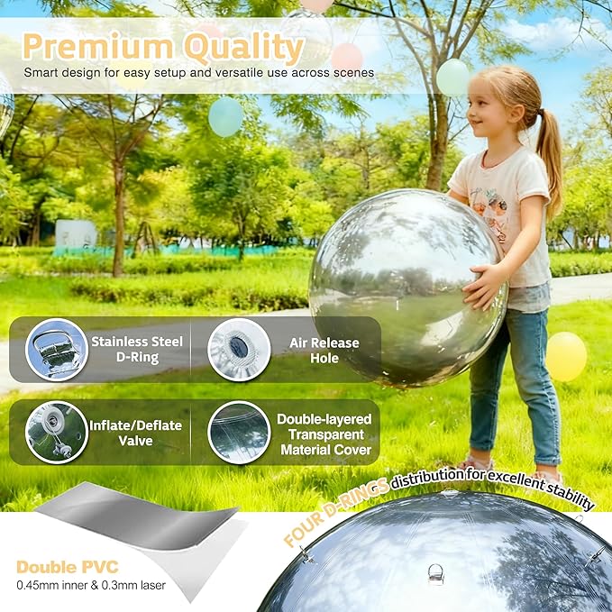 Inflatable Mirror Ball Shiny Balls Large Hanging & Standing PVC Disco Bubble Balloon For Christmas, Birthday, Party, Wedding, Decoration, Other Events (Silver, 1 Pcs 19.7in+Pump)