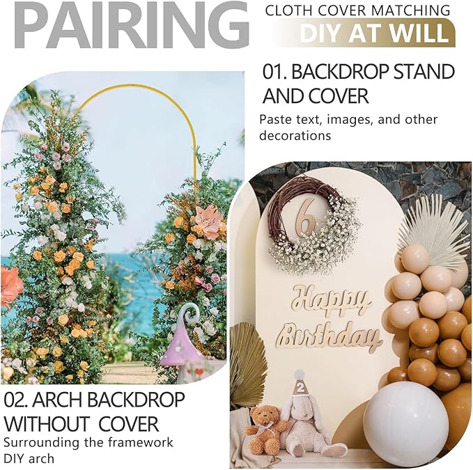 Arch Backdrop Stand and Cover Set, Metal Balloon Arch Backdrop 6.6ft, Gold Arched Stand Frame for Wedding, Parties,Birthday, Decorations (Beige,6.6ft)