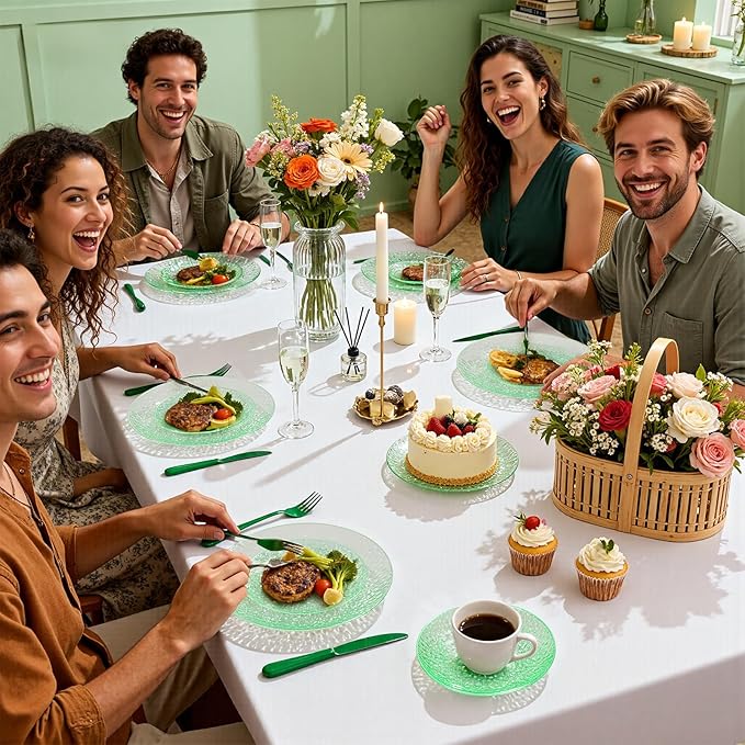 Rubtlamp 60Pcs Green Plastic Plates, Heavy Duty Disposable Plates With Hammered Design, Green Party Disposable Plate Include 30 Dinner Plate, 30 Salad Platos, Fancy Plastic Platos