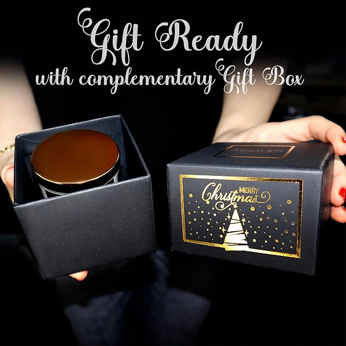 CharmLab Candle – Wood & Spice Sandal Scented Glass Jar Candle in Black Gift Box with Gold Ribbon & Christmas Tree Design, 12 oz, Natural Bio Wax, 40 Hr Burn, Holiday Gift & Festive Home Decor